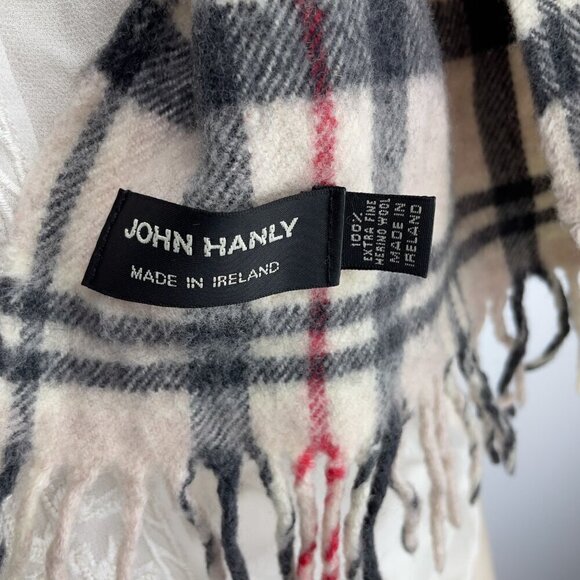 JOHN HANLY Ireland  100% Extra-Fine Merino Wool Checked PinkBeige Grey Red Scarf - Picture 2 of 3